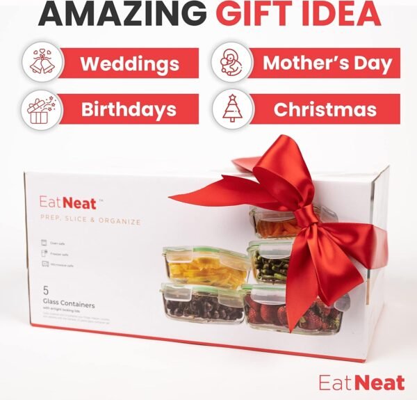 EatNeat Set of 5 Glass Food Storage Containers with Airtight Snap Locking Lids - Oven, Microwave & Dishwasher Safe - Freshness Sealed Stackable Meal Prep for Home, Office, Travel & Outdoor - BPA-Free - Image 6