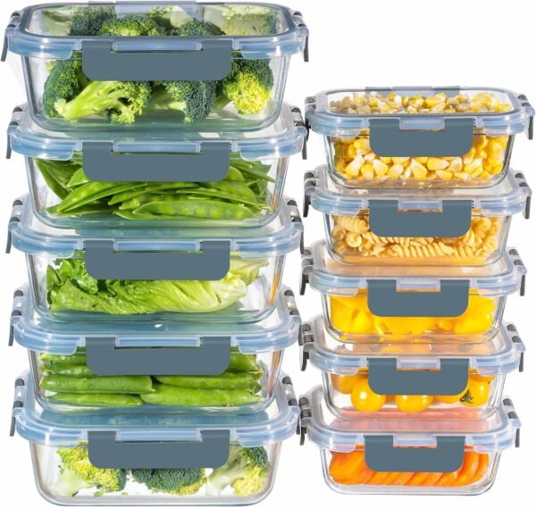 MFY 10-Pack Glass Storage Containers with Lids, Glass Meal Prep Containers Set, Airtight Glass Lunch Containers with Lids, Microwave, Oven, Freezer and Dishwasher Safe, Gray