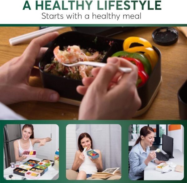 Umami Bento Box Adult All-In-1 XXL w/ 4 Utensils, 100% Leakproof, Microwave & Dishwasher Safe Lunch Containers for Adults, 4 Compartments, Bento Lunch Box Containers w/Premium Real Bamboo Lid - Image 7