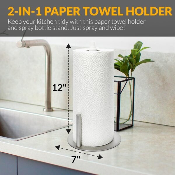 J.M.T HomeGoods Kitchen Paper Towel Holder with Spray Bottle - 2 in 1 Stainless Steel Napkin Holder - Paper Towel Holder Stand for Counter, Silver - Image 2