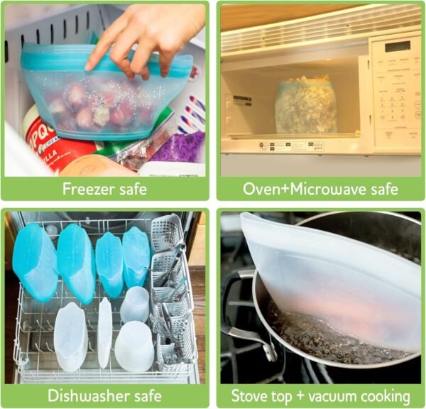 Reusable Silicone Food Storage Bag, Set of 6 White Stand Up Food Storage Container, Reusable Zipper seal bag, no lid required, for Food Storage& Meal Prep, Freezer Oven Dishwasher - Safe - Image 6