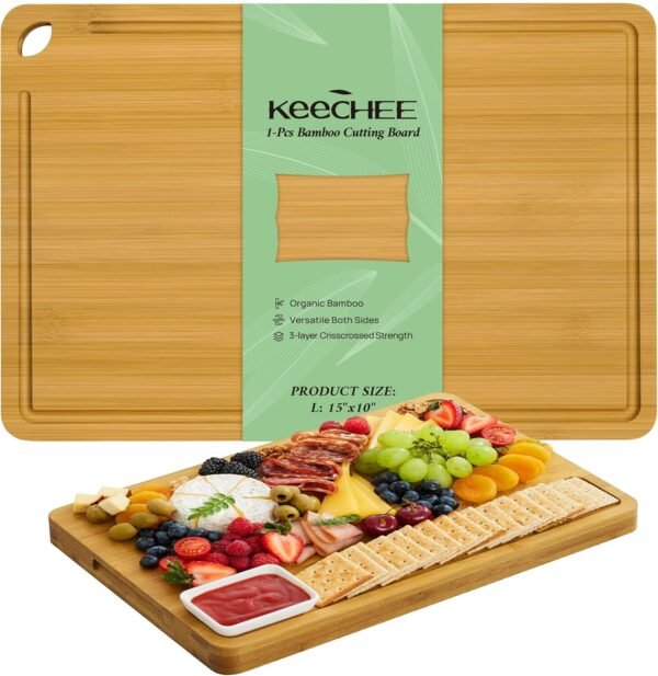 Large Bamboo Cutting Board for Kitchen - 15 Inch Wood L Cutting Boards with Juice Groove and Handles, Wooden Chopping Board for Meat, Cheese, Fruit & Vegetables (Pre Oiled, Natural)