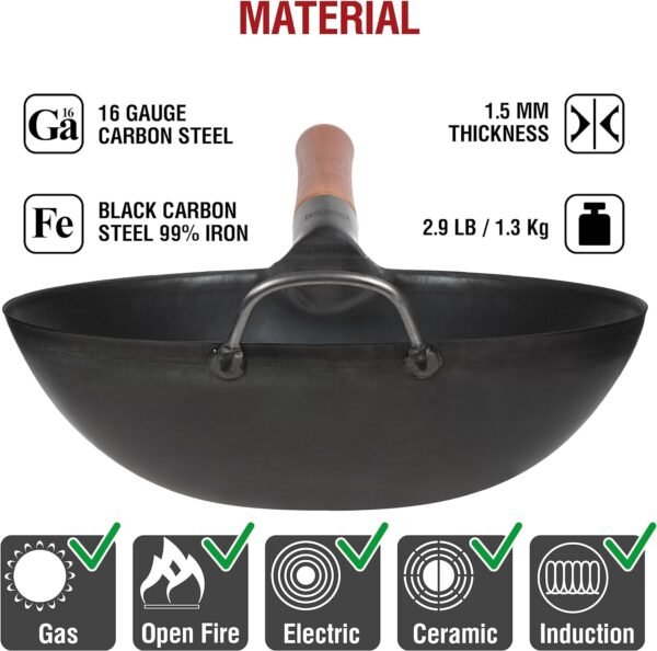 YOSUKATA Carbon Steel 11.8" Stir Fry Wok Pan - Pre-Seasoned Chinese Wok with Flat Bottom, Black Wok for Induction Gas Stovetops - Open Fire, BBQ, Grill, Outdoor Camping Wok - Image 5