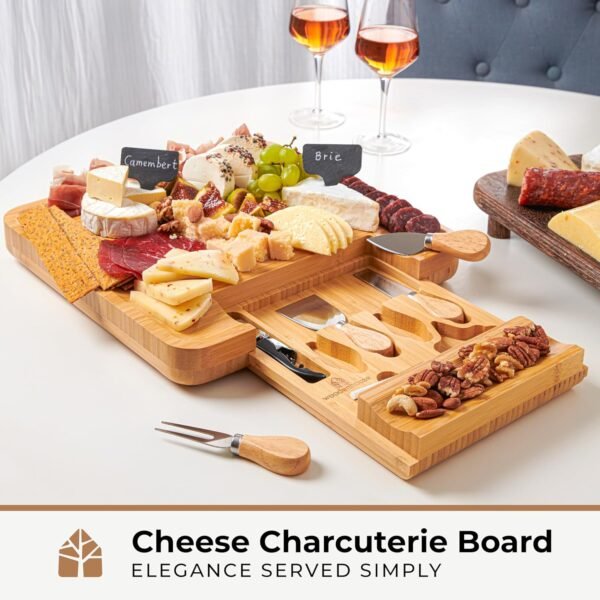 Charcuterie Board 13"x13", Bamboo Cheese Board, Cheese Platter – Meat and Cheese Tray Set with Cheese Utensils and Wine Opener Included - Image 2