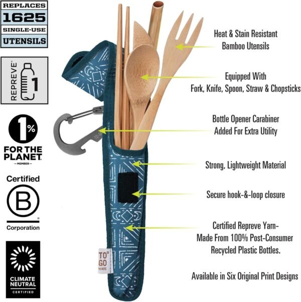 Premium Reusable Bamboo Utensil Travel Set | Includes Fork, Knife, Spoon, Chopsticks, & Carabiner Clip | Made from Sustainable Materials | Eco-Conscious | Blue Topo (Pack of 1) - Image 4
