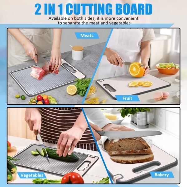 Stainless Steel Cutting Board, Double Sided Chopping Board for Kitchen, Food-Grade, 304 Stainless Steel and Wheat Straw PP, Scratch-resistant Mesh Design, Juice Groove, Dishwasher Safe, Easy to Clean - Image 2