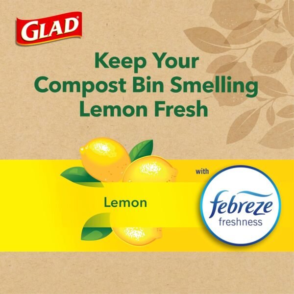 Glad Trash Bags, Kitchen Compost Bags 2.6 Gallon Garbage Bags, 100% Compostable Bag, Febreze Lemon, 44 Count (Package May Vary), Light Yellow - Image 3
