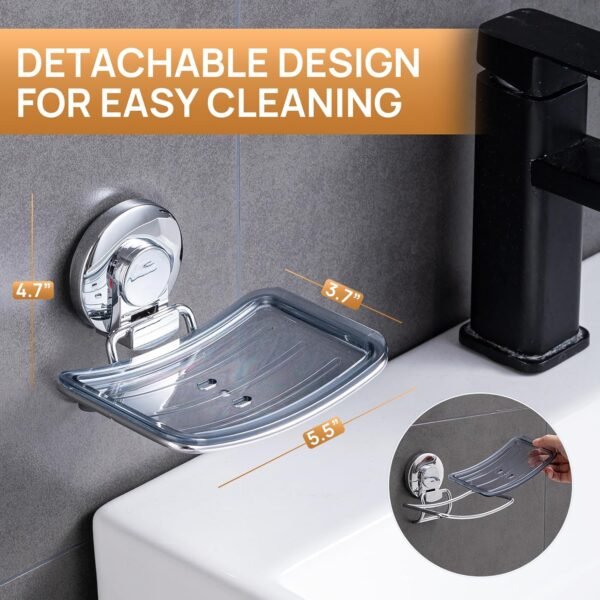 LEVERLOC Chrome Suction Cup Soap Dish Soap Holder for Shower Wall Drill-Free Rustproof Waterproof Wall Mount Strong Suction Removable Bar Soap Sponge Holder for Bathroom Bathtub Kitchen - Image 4