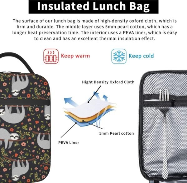 Cute Sloth Portable Lunch Box Insulated Reusable Bento Box Lunch Bag Tote For Men Women - Image 5