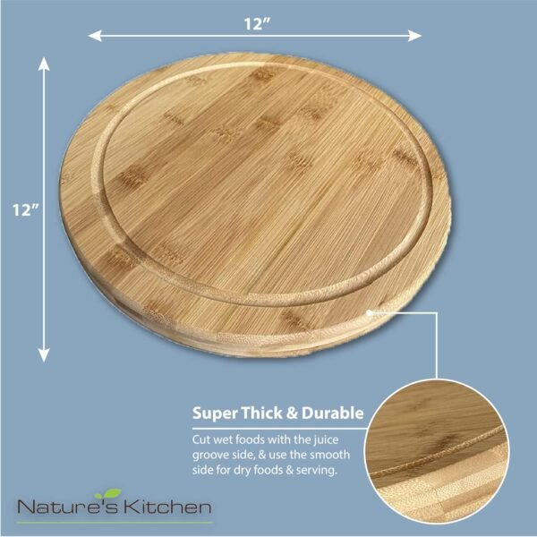 Nature’s Kitchen Thick Round Bamboo Cutting Board Block Serving Tray w Juice Groove for Cutting Chopping Cheese & Charcuterie Board Platter (12 inches) - Image 4