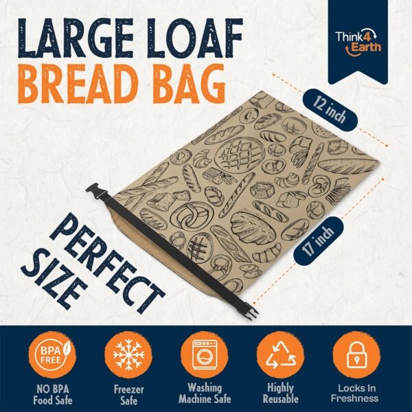 THINK4EARTH® - 2 Packs Bread Bags, Bread Bags for Homemade Bread Loaf, Freezer Bread Storage Bag, Bread Container, Reusable Food Storage Bag, Large Bread Bags for Homemade Bread with Double Lining. - Image 3