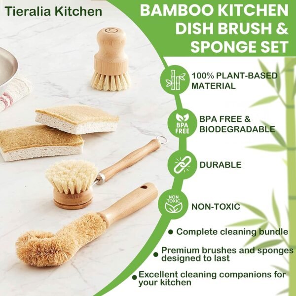 Tieralia 5-Piece Eco-Friendly Bamboo Dish Brush Set with Compostable Wood Pulp Sponges | Bamboo Dish Brushes Kitchen Cleaning Set | Dish Brush Set | Dish Brush - Image 7