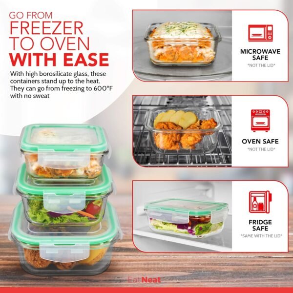 EatNeat Set of 5 Glass Food Storage Containers with Airtight Snap Locking Lids - Oven, Microwave & Dishwasher Safe - Freshness Sealed Stackable Meal Prep for Home, Office, Travel & Outdoor - BPA-Free - Image 3