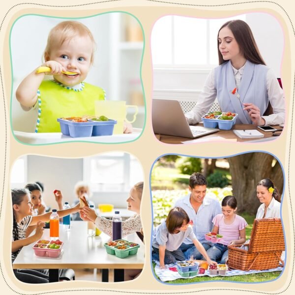 Bento Snack Boxes 4 Pack, Reusable Bento Boxes Kids Adults with 4 Compartments & Fork, Lunch Snack Containers, Wheat Straw Meal Prep Lunch Box, Divided Food Storage Containers for School Work Travel - Image 7