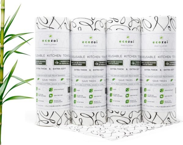 Bamboo Rayon Reusable Towels - 4 Pack | Equivalent to 80 Regular Rolls | 70% Rayon from Bamboo and 30% Cotton Kitchen Paper Rolls | 50 Times More Usage than Regular Paper Rolls