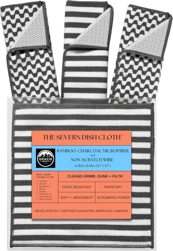 Severn Dish Cloths - No-Smell Dish Rags with Non-Scratch Wire Scrubber Side for Kitchen Cleaning. 4pk. Grime-Fighting Bamboo-Charcoal Microfiber 2-Sided Dishrags. Machine Wash + Dry. Gracie West - Image 7