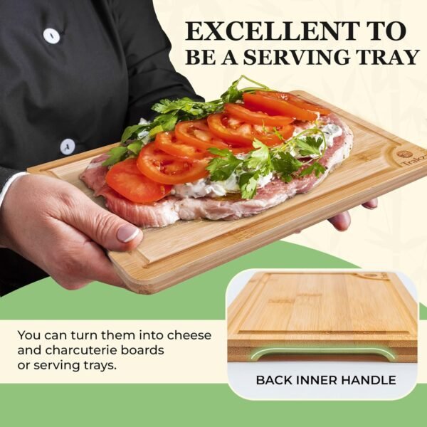 Bamboo Cutting Board Set - Durable Kitchen Cutting Boards For Chopping Fruit, Meat, Cheese, Veggies - Deep Juice Grooves, Side Handles, Easy To Use & Clean - With Storage Holder - 9", 12", 15" - Image 7
