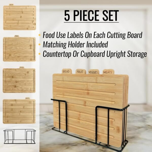 Bamboo Cutting Boards for Kitchen with Holder 13" x 11" x 2.5" | Labeled Wood Cutting Board Sets | Large Wooden Cutting Board Set of 4 with Black Organized Stand | Non Toxic Chopping Board - Image 5