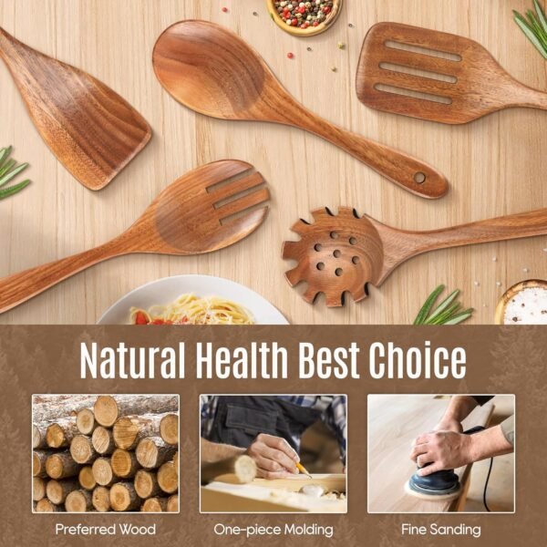 5 PCS Wooden Spoons for Cooking Natural Teak Kitchen Utensils Smooth Non-Stick Surface Cooking Utensils Set Soft Comfort-Grip Wooden Utensils for Cooking - Image 2