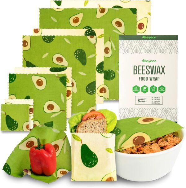 Beeswax Wrap 8 Pack, Reusable Beeswax Food Wraps, Organic Sustainable Food Storage, Cheese Sandwich Paper