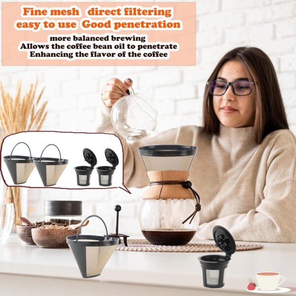7 Pcs Reusable Coffee Filter Set includes 3 Pcs Cone Stainless Steel Coffee Filter and 4 Pcs Cup Type Coffee Filter for Machines and Brewers, 2 styles - Image 3