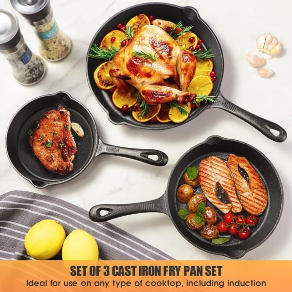 Cast Iron Skillets 3 Piece，Pre-Seasoned Cast Iron Frying Pan，Cast Iron Fry Pan Skillet Set Includes 6.5in，8in，10in Pans，Ideal for Use on any Type of Cooktop，Oven Safe - Image 2