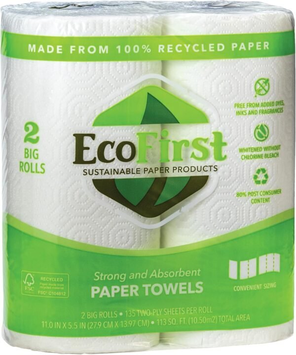 Recycled Paper Towels (2 Rolls) - Bulk Paper Towels - Paper Towels Half Sheet - Kitchen Paper Towels - Eco Friendly Paper Towels - Whitened Without Bleach - Free of Dyes, Inks & Fragrances