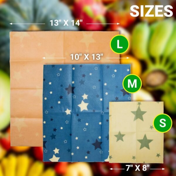 EZGOODZ Beeswax Wraps for Food, S, M, L. Pack of 3 Sustainable Food Storage Containers. Eco Friendly Wax Food Wrap with Stars Print. Washable Reusable Cotton Food Wraps with Honeycomb Pattern - Image 4