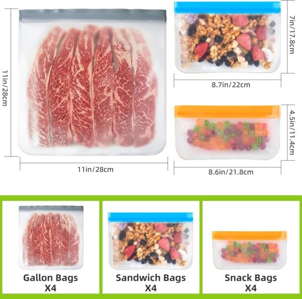 12-Pack Reusable Food Storage Bags – BPA-Free, Leakproof Silicone & PEVA, Freezer & Dishwasher Safe Ziplock for Snacks, Sandwiches, Meal Prep & Kids Lunches – Gallon, Sandwich & Snack Sizes Included - Image 2