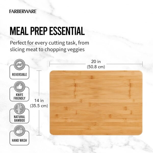 Farberware Extra-Large Wood Cutting Board, Reversible Chopping Board for Kitchen Meal Prep and Serving, Charcuterie Board, 14-Inch x 20-Inch, Bamboo - Image 2