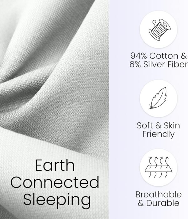 Hooga Grounding Sheet, Organic Fitted Grounded Sheet for Improved Sleep, Pain Relief - Earth Connected Bedding 60”x80”x15” Queen Size, Pure Silver Fiber and Cotton, Grounding Cord Included. Off White - Image 2