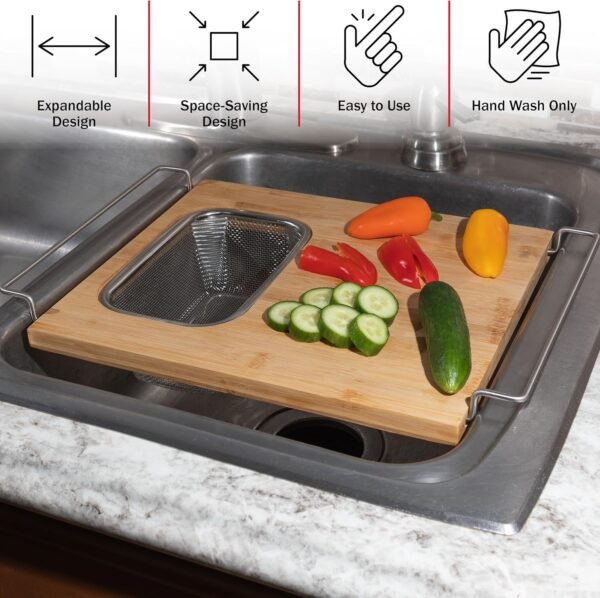 Cutting Board with Strainer - 2 in 1 Adjustable Bamboo Chopping Board with Removable Stainless Steel Colander for Over the Sink by Classic Cuisine - Image 3