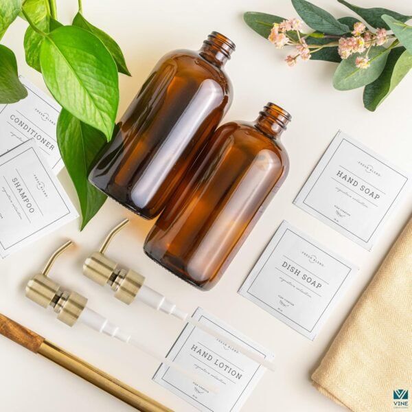Vine Creations Amber Glass Soap Dispenser, 2 Pack Kitchen Soap Dispenser Set with Stainless Steel Pump, 16 oz Hand Soap Dispenser Bathroom, Dish Soap Dispenser for Kitchen with Waterproof Labels - Image 5