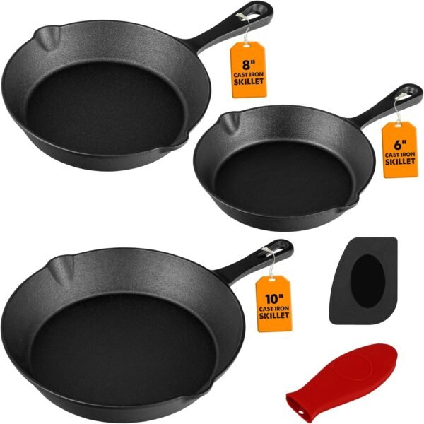 Cast Iron Skillets - 3 Pan Cast Iron Set (6",8",10" Inch) With Handle Cover & Scraper, Pre-Seasoned Saute Fry Oven Safe Cookware For Home & Outdoor Cooking & Frying On Stove, Grill & Campfire