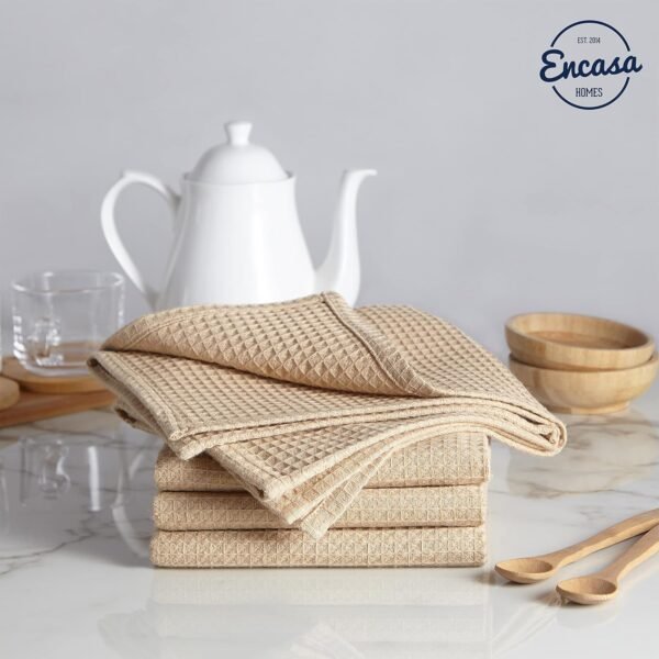 Encasa Homes Anti-Odour Waffle Kitchen Dish Towels, 18 x 28 inch (4 Pc Set) Highly Absorbent, Tea Towels for Cleaning & Quick Drying, Eco-Friendly Cotton - Beige - Image 5