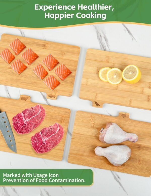 Bamboo Cutting Board Set, Lexda 4 Sets Labeled Tabs Cutting Board with Stainless Holder, Durable Kitchen Cutting Boards For Chopping Fruit, Meat, Cheese, Veggies - 11" x 8" - Image 6