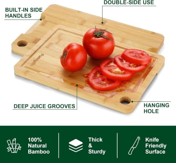 Organic Bamboo Cutting Board Set of 3, Large Wooden Cutting Boards for Kitchen, Wood Cutting Board with Juice Grooves, Side Handles and Hanging Holes, Reversible Chopping Board - Pre Oiled - Image 3