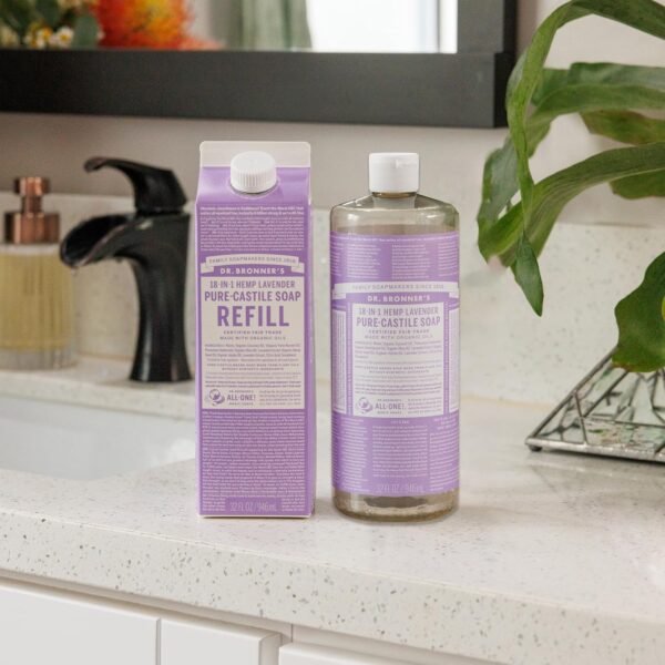 Dr. Bronner's Pure-Castile Liquid Soap Bottle & Refill Carton - Made with Regenerative Organic Certified Oils, 82% Less Plastic-18-in-1 Uses for Face, Body Wash, Hand Soap Refill- Lavender,32oz - Image 4