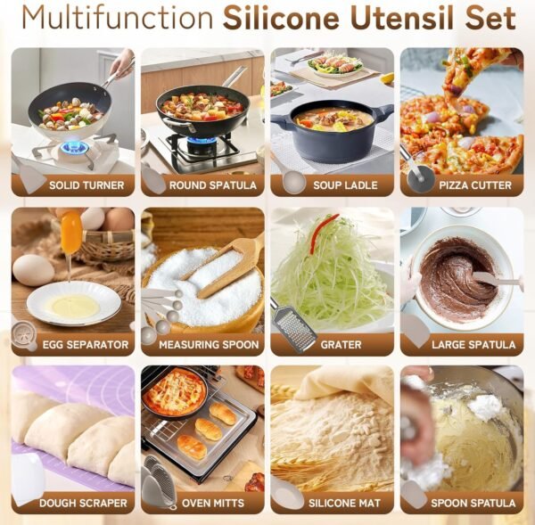 Silicone Kitchen Utensils Set 43 PCS for Cooking, Spatula Set with Wooden Handle, Cookware Nonstick Heat Resistant Kitchen Gadgets. Kitchen Tools with Holder (Khaki) - Image 7