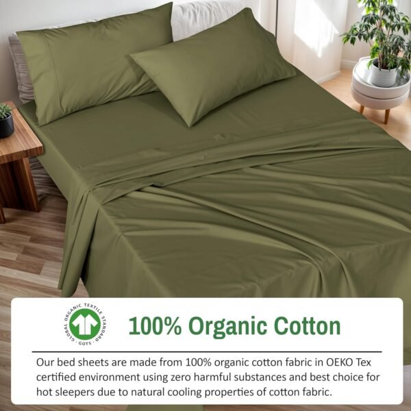 RUVANTI 100% Organic Cotton Sheets - Queen Sheet Set - Certified for GOTS - Breathable & Comfortable - Soft & Cooling Percale Bed Sheets Queen Size Set - Deep Pocket 15" - 4 Pcs - Olive - Image 3