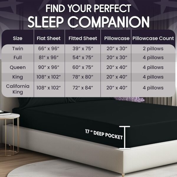 SLEEP SANCTUARY 100% Organic Viscose Derived from Bamboo Sheets King Size 6pcs - Ultra Soft & Cooling, 17" Deep Pocket, Double Stitching, Perfect for Hot Sleepers - King Bed Sheets (Black) - Image 5