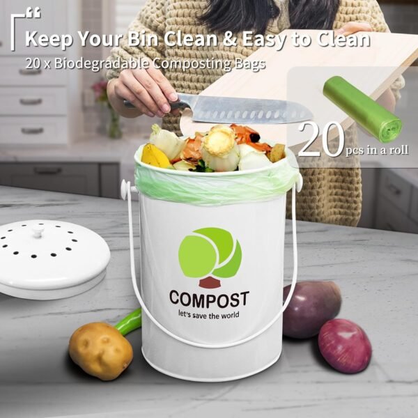 Compost Bin Kitchen Countertop, 1.7 Gallon Indoor Compost Pail, Odorless Food Waste Bin Compost Bucket with Charcoal Filter & Trash Bags & Waste Tray & Brush - Image 7