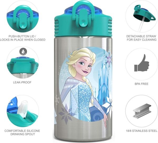 Zak Designs 15.5oz Stainless Steel Kids Water Bottle with Flip-up Straw Spout - BPA Free Durable Design, Frozen Girl SS - Image 2