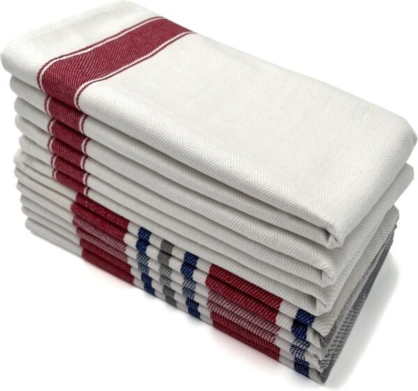 Lincoln & Palm Natural Cotton Tea Towels, 27 x 19, Set of 6 Herringbone Kitchen Dish Towels, Flour Sack Flat Woven for Drying Dishes, Hands, or Bread Proofing, Striped, Patterned Designs (Red)