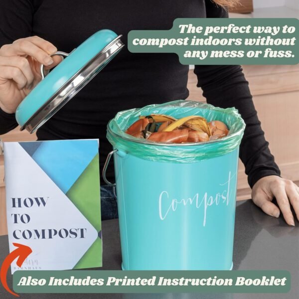 Compost Tumbler, Teal Kitchen Compost Bin Countertop, Indoor Compost Bin Kitchen, Compost Bucket Kitchen, Compost Bins, Compost Caddy, Counter Food Composter for Kitchen, Turquoise Compost Pail - Image 5