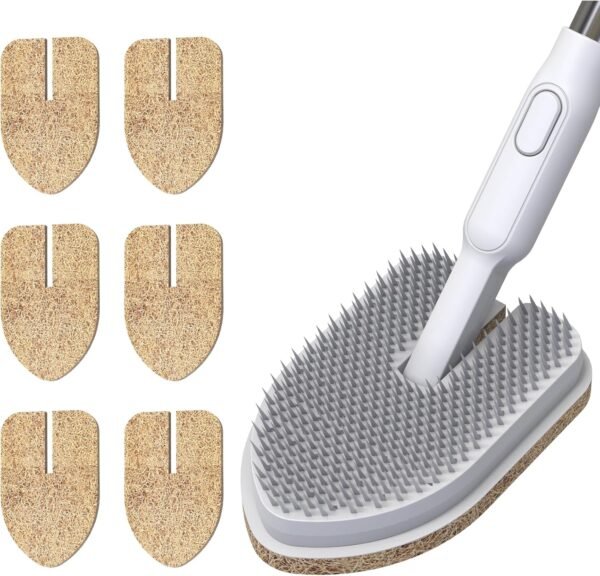 Tub Scrubber Cleaning Brush, Non-Scratch Shower Scrubber with Long Handle, 6 Replaceable Natural Fiber Pads & A Double-Sided Head, Scrub Brush for Cleaning Bathroom Kitchen Wall Sink