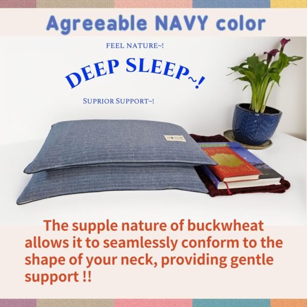 Buckwheat Pillow for Sleeping-Breathable for Cool Sleep,Cervical Support for Back and Side Sleepers(Organic Buckwheat Hulls),Korean Style,Standard Size 22"x14"(1pc).Navy Blue Color - Image 3