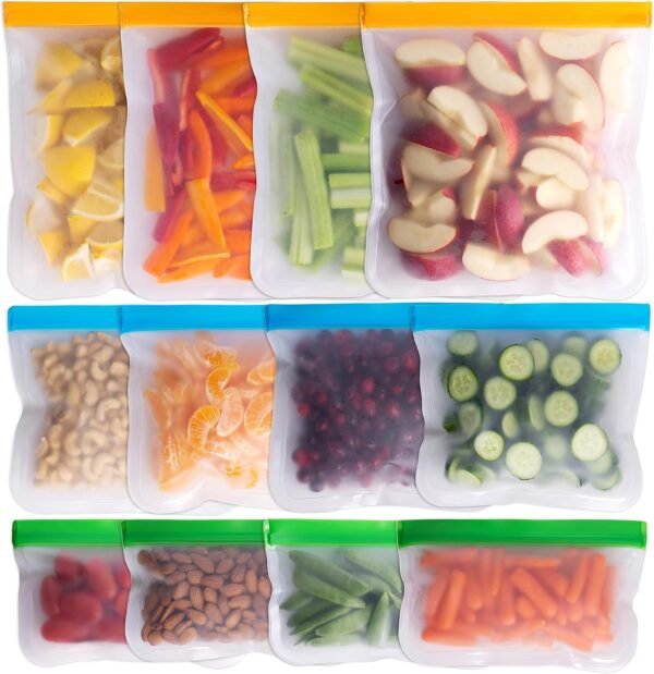 Greenzla Reusable Food Storage Bags – 12 Pack BPA FREE Freezer Bags (4 Reusable Gallon Bags & 4 Reusable Sandwich Bags & 4 Reusable Snack Bags), EXTRA THICK & Leakproof Reusable Lunch Bags for Food