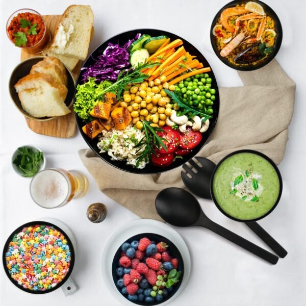 ShineMe Salad Bowls, Large Salad Bowl with Lid and Servers, Bamboo Salad Bowl Set with 4Pack Small Serving Bowls, 9.8inches Solid Kitchen Bowl for Fruits, Vegetables and Pasta...(Black) - Image 5