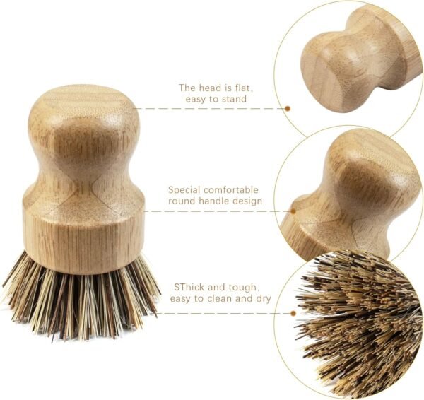 AUEAR, Natural Bamboo Dish Scrub Brush Cleaning Brush Pot Scrubber Brushes Coconut Bristles for Cast Iron Skillet Pots Pans (2-Pack, Deep Color) - Image 5